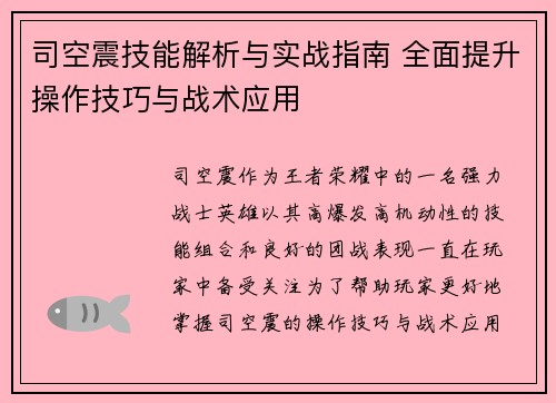 司空震技能解析与实战指南 全面提升操作技巧与战术应用