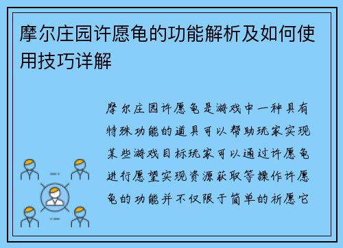 摩尔庄园许愿龟的功能解析及如何使用技巧详解